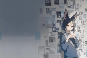 小女孩喝奶茶 兽耳 照片墙 3440x1440带鱼屏壁纸