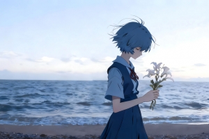 绫波丽蓝色短发白花大海海边4K动漫高清壁纸3840x2160免费下载