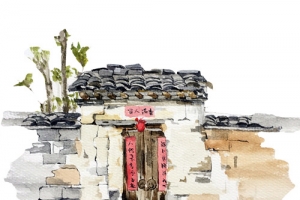 农家大门水彩画素材图片
