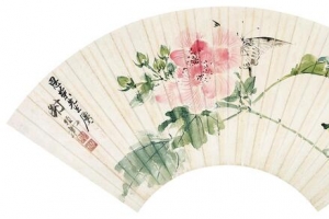 中国画扇面蝴蝶牡丹