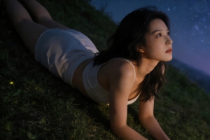 夜晚 在草地上看星空的美女3440x1440带鱼屏壁纸免费