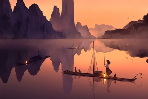 夜晚女孩竹排2880x1800电脑动漫高清壁纸免费下载