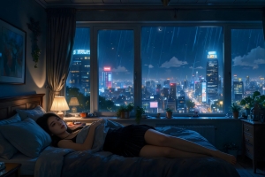 雨夜房间玻璃窗前漂亮美女4K动漫高清壁纸3840x2160免费下载