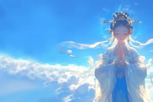 佛系 仙女 双手合十 天空 3440x1440带鱼屏壁纸