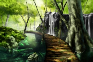 森林 树木 桥 唯美绘画手绘4k动漫风景壁纸