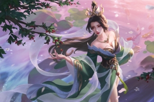 唯美仙女 树 鱼塘 鱼 荷花 古风美女5k高清壁纸