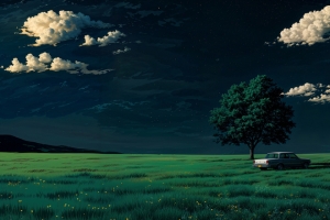 暗绿护眼绿草地风景 树与汽车 3440x1440 4K壁纸免费下载