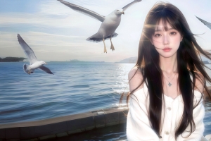 天空 海鸥 湖面 白衣美女长发 3440x1440带鱼屏壁纸