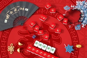 国潮风背景 扇子 京剧 麻将