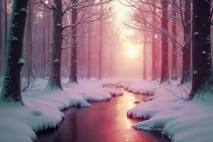 粉色的冬季风景 树林 小溪 美丽雪景4k壁纸3840x2400