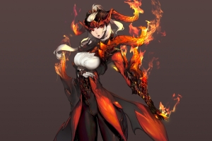 女孩,火,魔术,艺术,角,头盔,盔甲,灵魂,7K动漫壁纸