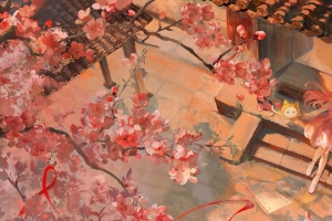 小女孩 台阶 房子 树 花 3440x1440带鱼屏壁纸