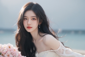 长发美女 鲜花 白色裙子4K壁纸3840*2160