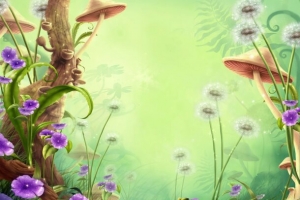 手绘绿草紫色小花蘑菇