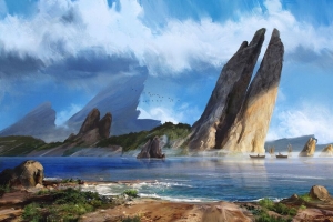 3840x2160 海 岩石 船 海岸 艺术壁纸 背景
