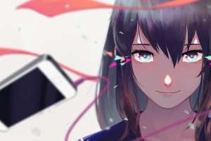 学生 校服 彩带 手机 大眼睛动漫女孩3440x1440带鱼屏壁纸