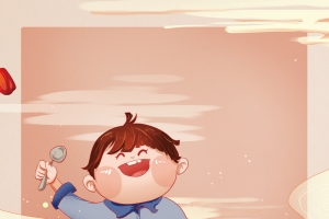 手绘卡通人物吃八宝饭背景图