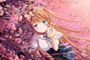 女孩 微笑 手势 樱花 动漫 艺术 4k壁纸 3840x2160