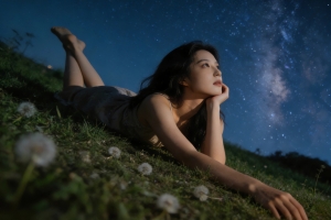 看星空的美女 绿草地 唯美 4k壁纸