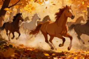 秋天 树林里奔跑的骏马4k壁纸