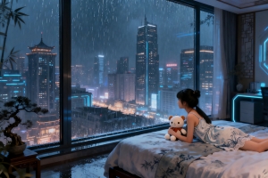 赛博朋克 房间 小女孩 落地玻璃窗 雨夜 4k壁纸