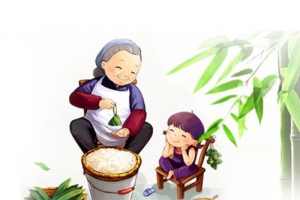 端午节包粽子奶奶小孩卡通