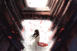 女生 长发 白色裙子 花瓣 唯美4k动漫壁纸