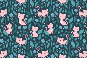 猫 可爱 花 叶子 图案 4k壁纸 3840x2160