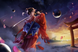 三体智子 和服 武士刀 唯美好看动漫美女4k壁纸