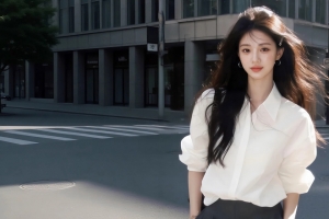 城市街道长发白色衬衫美女 3440x1440 4K高清带鱼屏壁纸免费下载