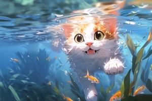 水 鱼 猫游泳 4k动漫壁纸