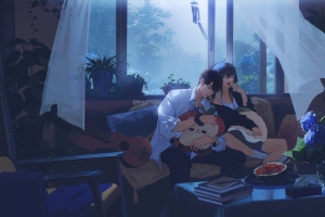 动漫男孩 女孩 打哈欠 4k壁纸