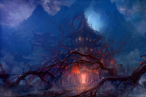 玄幻树林包裹的阁楼阴森海报背景
