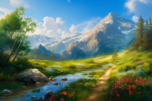 山下的小溪和小路鲜花树4K风景壁纸3840*2400