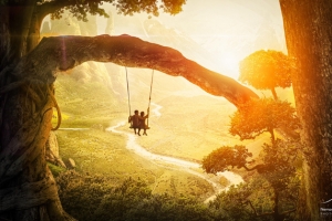 阳光下大树秋千背影