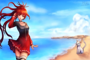 女孩丝袜 VOCALOID 猫 海滩 4K动漫壁纸