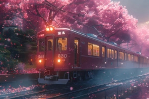 樱花列车风景3440x1440带鱼屏壁纸
