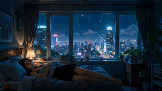 雨夜房间玻璃窗前漂亮美女4K动漫高清壁纸3840x2160免费下载