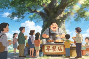 大树下早餐店4K高清壁纸，开心老板与排队盛景3840x2160免费下载