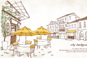 手绘街头咖啡馆插画PSD分层素材