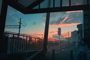 水手服女生 出口 插画 天空 夕阳 4k动漫壁纸