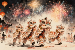 2026新年 舞狮 烟花 灯笼 水墨画 4k壁纸