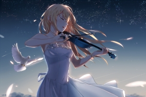 唯美天空 鸽子 拉小提琴的少女3440x1440壁纸