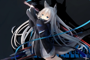 蓝色眼睛少女 长发 武士刀 4k动漫壁纸