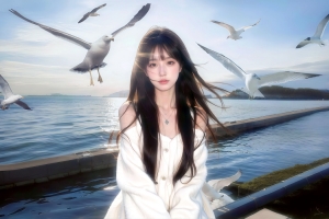 天空 海鸥 湖面 美女长发 3000x2000电脑壁纸
