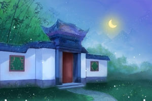 古风场景插画绘制夜晚海报PSD背景图