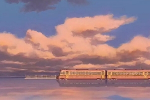 动漫列车天空夕阳背景