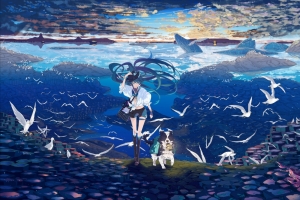 日落 天空 云 鸟 海 VOCALOID 女孩 小狗 初音未来4K壁纸