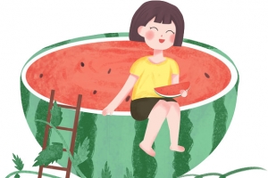手绘卡通吃西瓜女孩夏天