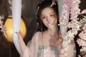 古装古风美女 花瓣 鲜花 灯 白色窗帘 4k美女壁纸